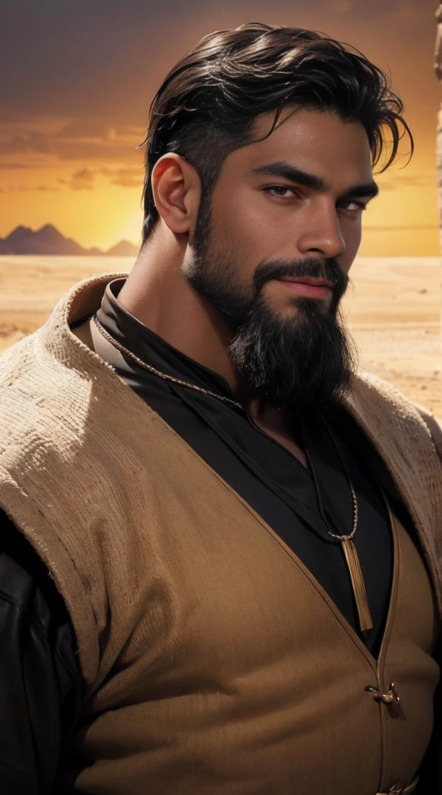 A black man, skin is dark black of 50 years old, happy expression, strong eyebrows, golden eyes, long shoulder-length black wave hair and well groomed beard. He use medieval clothes 16k, best quality masterpiece. Background is a desert