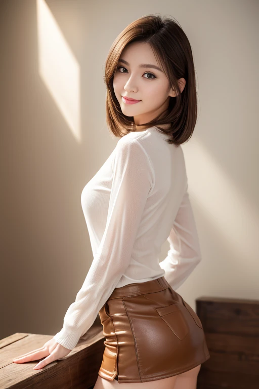 ((8k, highest quality、best image quality、ultra high resolution、Drawn in ultra-high definition、alone、look closely at the camera))、1 girl、realistic、written boundary depth、natural soft light、Echiechi, Constricted body, 30 years old, beautiful and detailed eyes, short bob hair, bright hair color, highest quality, masterpiece, Moist eyes, great pose, brown eyes, smile, perfect fingers、perfect hands、perfect body、perfect face, perfect anatomy, glossy lips, natural makeup, small ass, professional lighting, cowboy shot, miniskirt, long sleeve, See-through, simple background, From above, bright room,