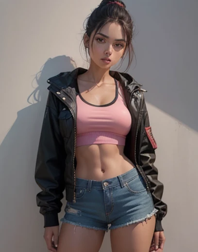 Mujer. Buen cuerpo. Morocha. Vestida de un top rosa. Campera recortada. Shorts de cuero. Pelo negro dos trenzas.