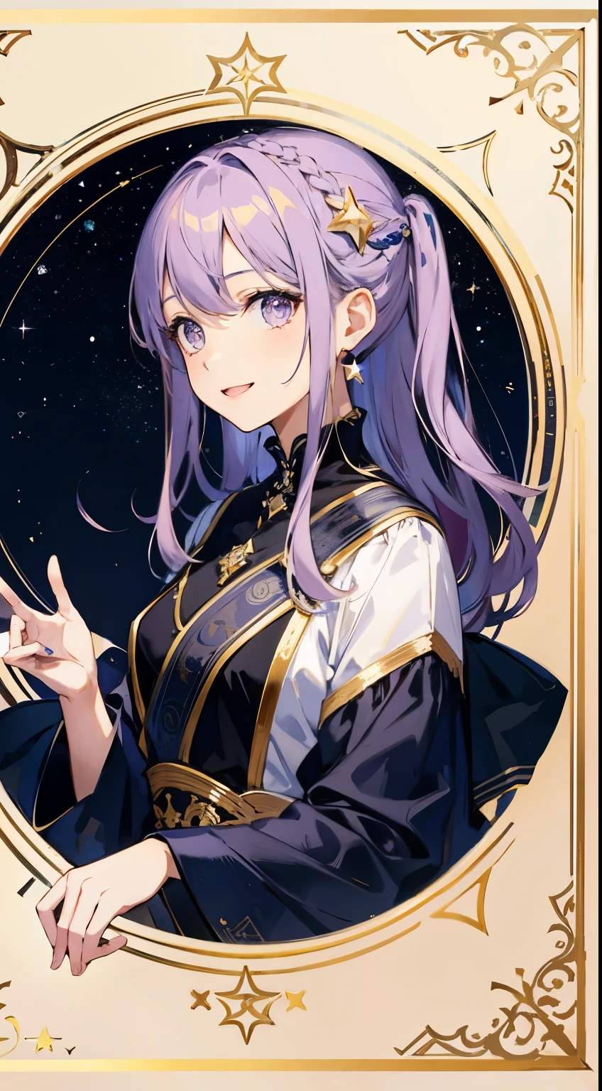 Charter layout, whole body, semi-floating, young girl,long light purple hair,Hair ornaments,light purple eyes,Gentle eyes,happy expression,glittering stars, Casual wear, starry sky,many flash lines,Detail clothes, smart gesture,Beautiful background