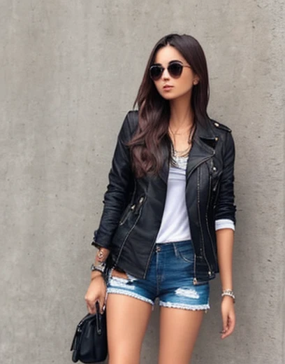 Mujer. Buen cuerpo. Morocha. Vestida de  un top rosa. Campera recortada. Shorts de cuero. Pelo negro dos trenzas.