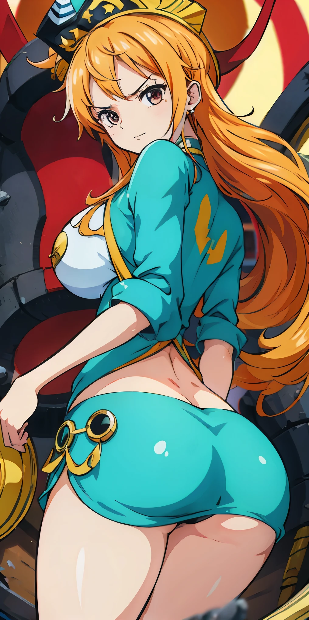 one-piece of nami showing her ass in a pirate outfit image quality 4k HDR high definition bright and vibrant colors
