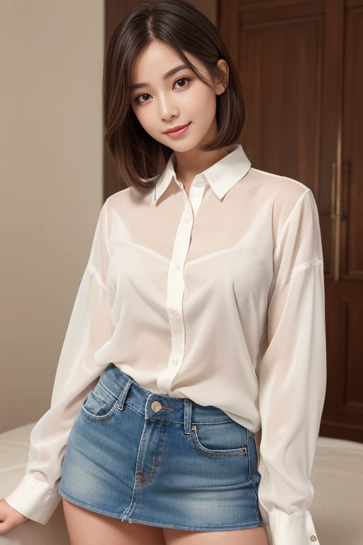 ((8k, highest quality、best image quality、ultra high resolution、Drawn in ultra-high definition、alone、look closely at the camera))、1 girl、realistic、written boundary depth、natural soft light、Echiechi, Constricted body, 30 years old, beautiful and detailed eyes, short bob hair, bright hair color, highest quality, masterpiece, Moist eyes, great pose, brown eyes, smile, perfect fingers、perfect hands、perfect body、perfect face, perfect anatomy, glossy lips, natural makeup, small ass, professional lighting, cowboy shot, miniskirt, long sleeve, see-through shirt, simple background, From above, bright room,