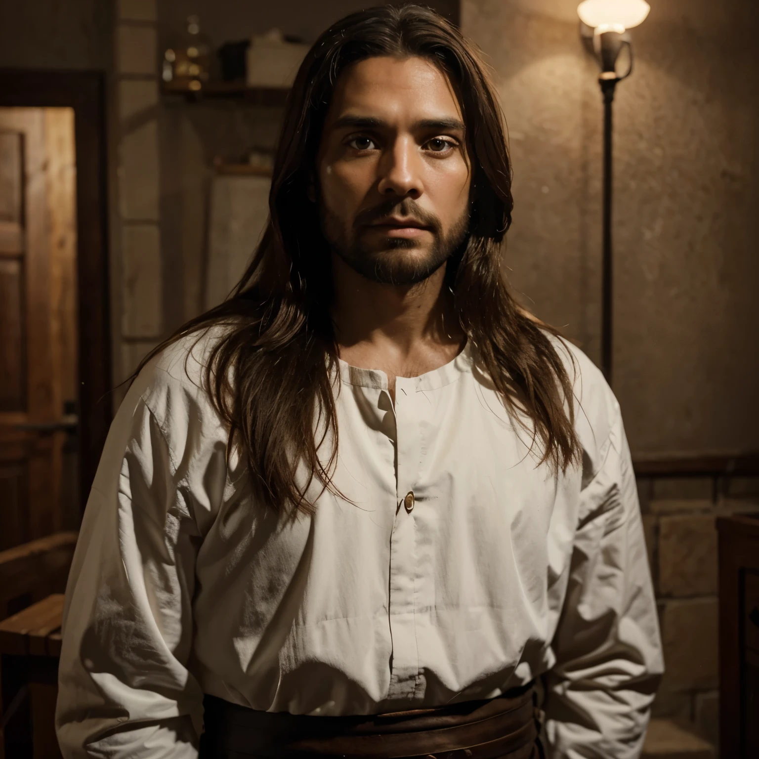 A man with black 3c pantone skin of 40 years old, happy expression, strong eyebrows, golden eyes, long shoulder-length black wave hair and well groomed beard. He use medieval clothes 16k, best quality masterpiece. Background is a desert