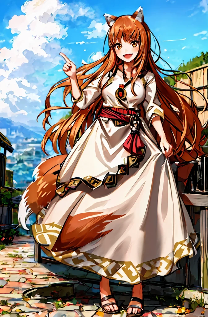 (holo:1.5), (holoBrownDress:1.5), masterpiece, best quality, absurdres, 1girl, looking at viewer, standing, cowboy shot, outdoors, medieval, cobblestone street, town, pouch, sash, smile, fruit, apple, basket,big breast, curvy, silver hair, white hair, full body, flipflops,open mouth smile, fangs,