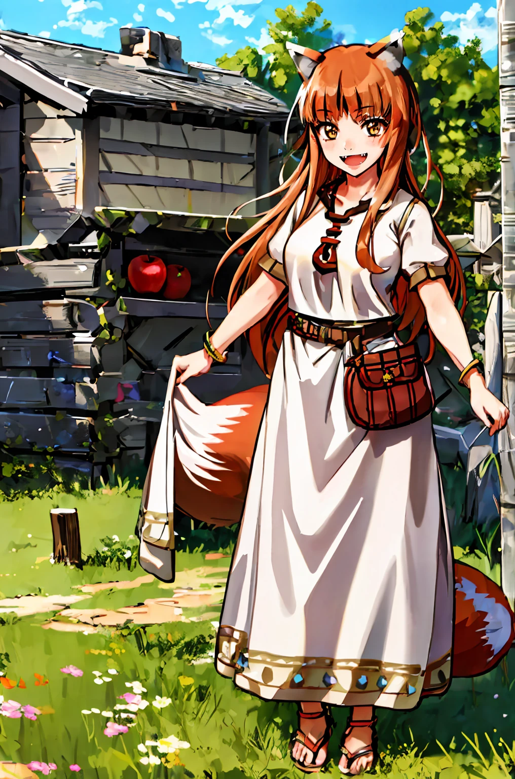 (holo:1.5), (holoBrownDress:1.5), masterpiece, best quality, absurdres, 1girl, looking at viewer, standing, cowboy shot, outdoors, medieval, cobblestone street, town, pouch, sash, smile, fruit, apple, basket,big breast, curvy, silver hair, white hair, full body, flipflops,open mouth smile, fangs,