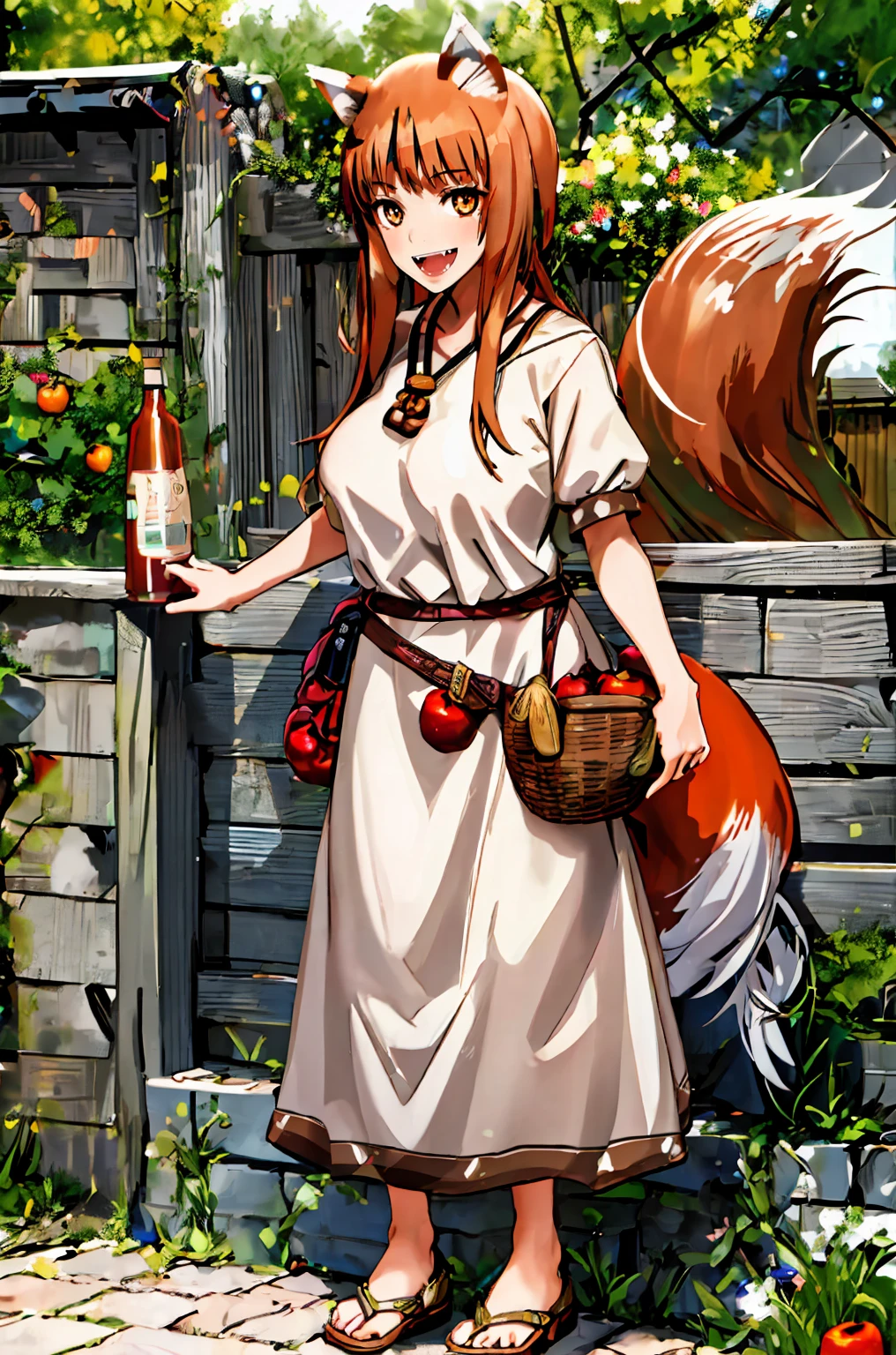 (holo:1.5), (holoBrownDress:1.5), masterpiece, best quality, absurdres, 1girl, looking at viewer, standing, cowboy shot, outdoors, medieval, cobblestone street, town, pouch, sash, smile, fruit, apple, basket,big breast, curvy, silver hair, white hair, full body, flipflops,open mouth smile, fangs,