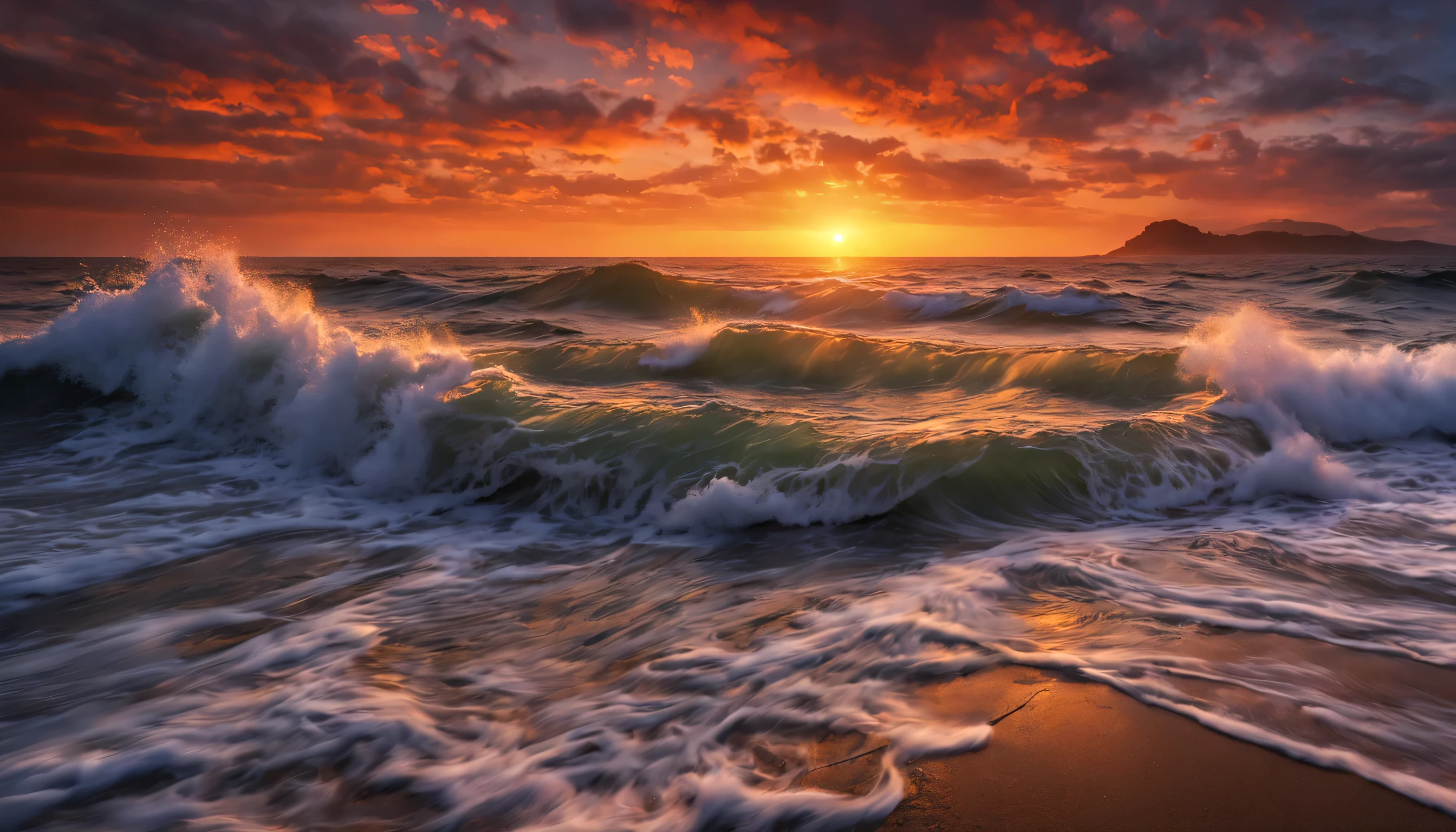 arafed view of a sunset over the ocean with waves crashing, chaotic sea setting, vibrant sunrise, breathtaking colors, breathtaking look, vibrant sunset, breathtaking composition, beautiful sea landscapes, stunning sunset, magnificent background, sunset glow, beautiful background, beautiful dreamy breathtaking, marc adamus, warm beautiful scene, epic sunset, beautiful sunset, beautiful sunset glow, beautiful ocean