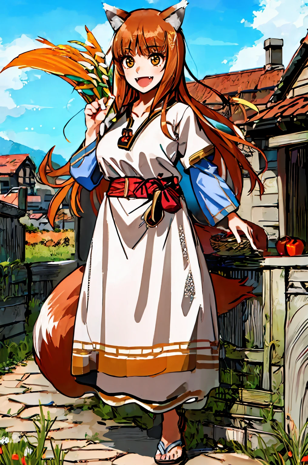 (holo:1.5), (holoBrownDress:1.5), masterpiece, best quality, absurdres, 1girl, looking at viewer, standing, cowboy shot, outdoors, medieval, cobblestone street, town, pouch, sash, smile, fruit, apple, basket,big breast, curvy, silver hair, white hair, full body, flipflops,open mouth smile, fangs,