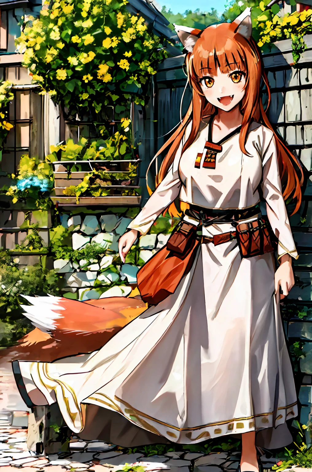 (holo:1.5), (holoBrownDress:1.5), masterpiece, best quality, absurdres, 1girl, looking at viewer, standing, cowboy shot, outdoors, medieval, cobblestone street, town, pouch, sash, smile, fruit, apple, basket,big breast, curvy, silver hair, white hair, full body, flipflops,open mouth smile, fangs,