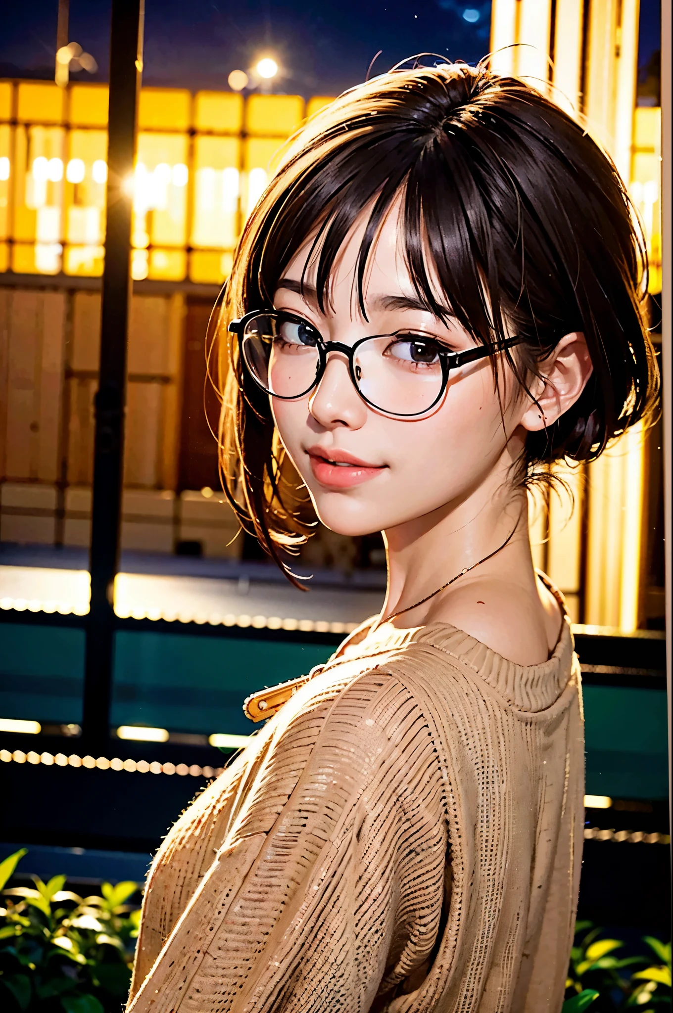 Japan girls in casual clothes、pay attention to your audience、Tokyo cityscape at night、(highest quality、master masterpiece)))、HD Fine、very detailed、master masterpiece、movie lighting、(8K、highest quality、master masterpiece:1.2)、(realistic、Photoreal:1.37) high resolution、Super detailed、woman wearing glasses、Silent look、round glasses、Asian, cute, cute顔, alone, short hair 1.2, rough skin, Beautiful smile, Beautiful and detailed night sky, night scenery, movie lighting, Depth of bounds written, lens flare light、date、(blush your nose)、、(closed your mouth)small breasts、Beautiful eye for detail、(sweater:1.1)、floating hair nova frog style、