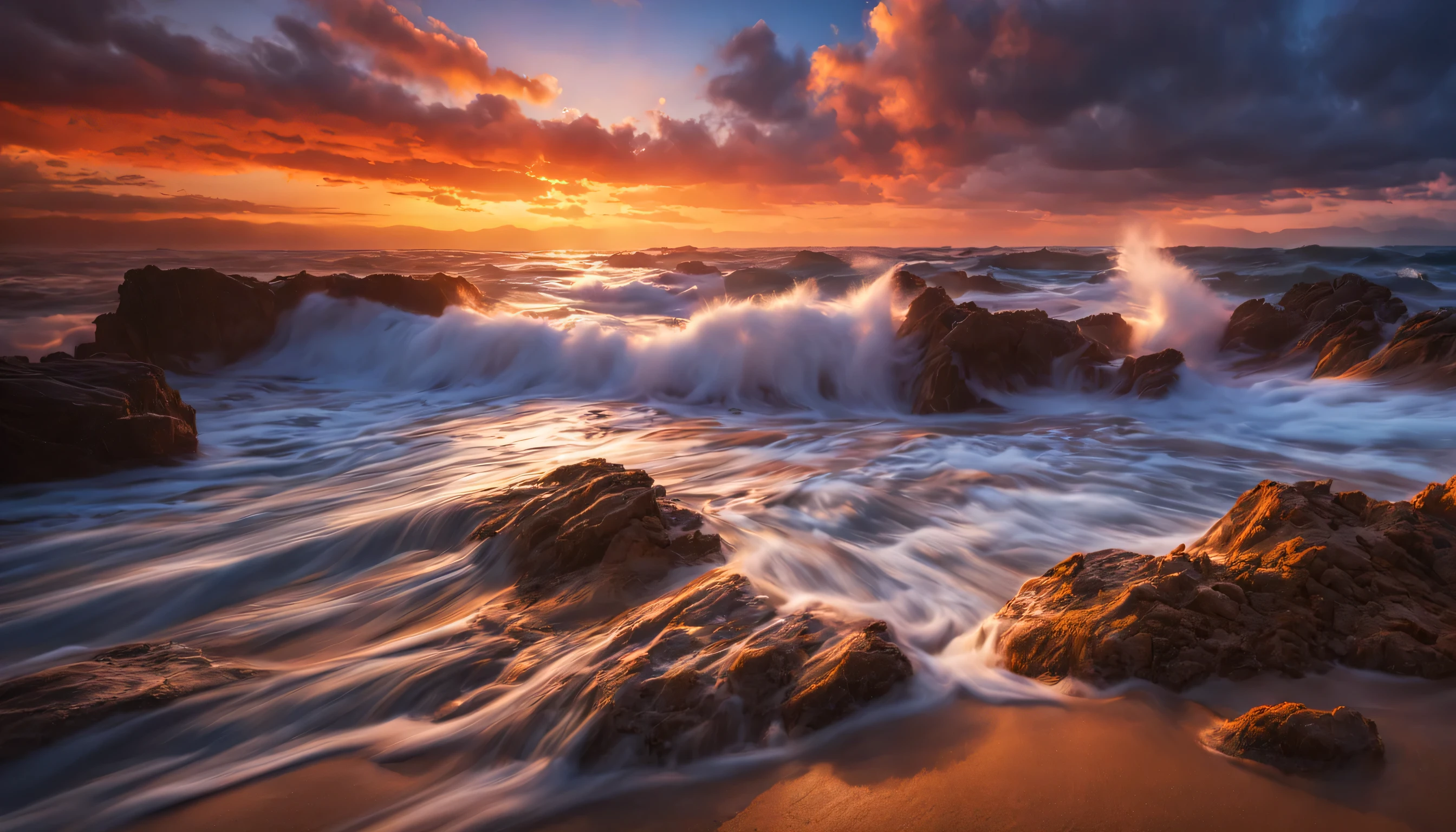 arafed view of a sunset over the ocean with waves crashing, chaotic sea setting, vibrant sunrise, breathtaking colors, breathtaking look, vibrant sunset, breathtaking composition, beautiful sea landscapes, stunning sunset, magnificent background, sunset glow, beautiful background, beautiful dreamy breathtaking, marc adamus, warm beautiful scene, epic sunset, beautiful sunset, beautiful sunset glow, beautiful ocean