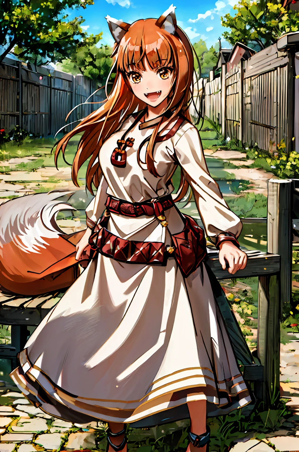 (holo:1.5), (holoBrownDress:1.5), masterpiece, best quality, absurdres, 1girl, looking at viewer, standing, cowboy shot, outdoors, medieval, cobblestone street, town, pouch, sash, smile, fruit, apple, basket,big breast, curvy, silver hair, white hair, full body, flipflops,open mouth smile, fangs,