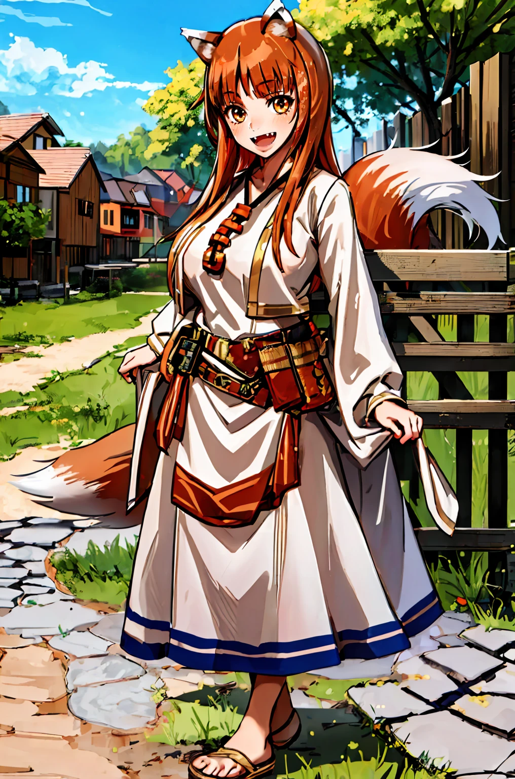 (holo:1.5), (holoBrownDress:1.5), masterpiece, best quality, absurdres, 1girl, looking at viewer, standing, cowboy shot, outdoors, medieval, cobblestone street, town, pouch, sash, smile, fruit, apple, basket,big breast, curvy, silver hair, white hair, full body, flipflops,open mouth smile, fangs,