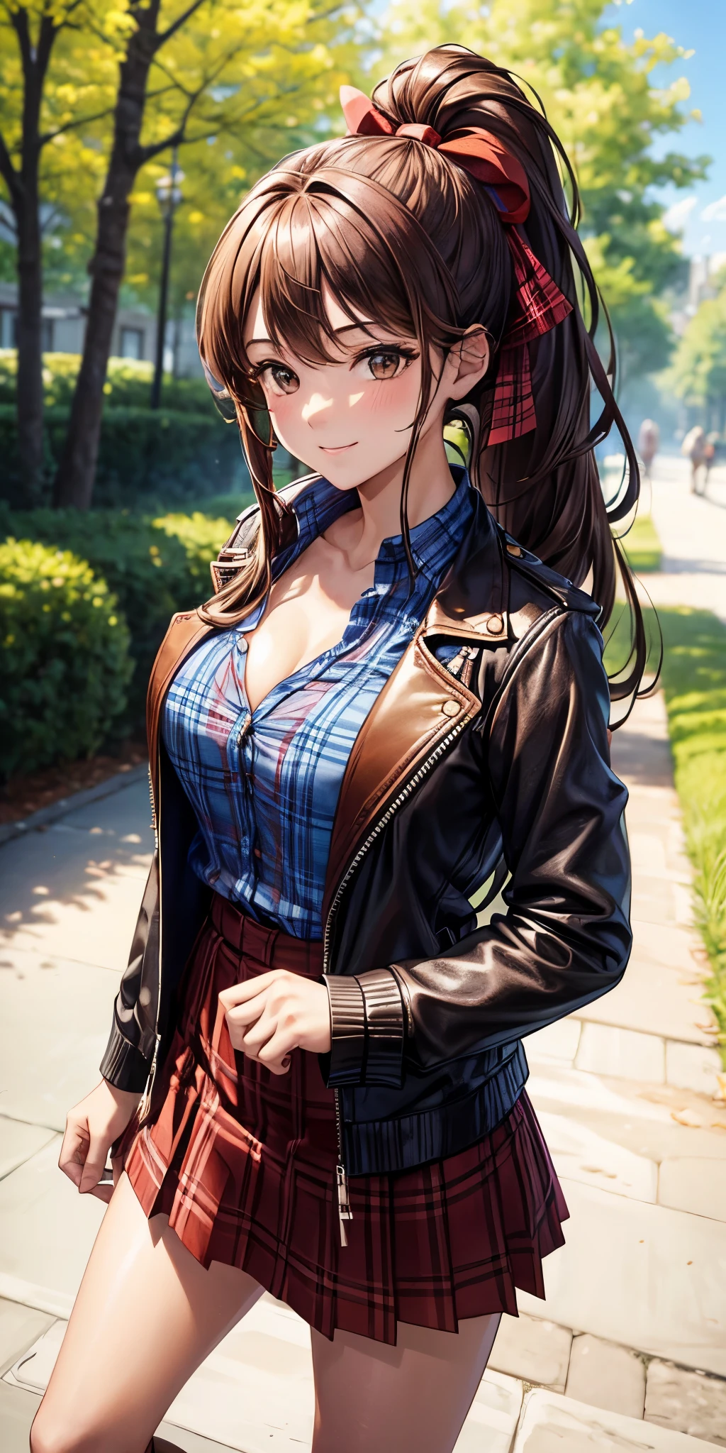 1girl, full body, solo, village, trees, flowers, brown hair, long hair, curly hair, ponytail, large breasts, button down shirt, ((worn out shirt)), ((blue checked shirt)), ((unbuttoned shirt)), cleavage 1:5, brown eyes, ((opened brown zipper jacket)), leather jacket, ((red black skirt)), smile, looking at the viewer, touching neck, standng, hair ribbon, golden necklate