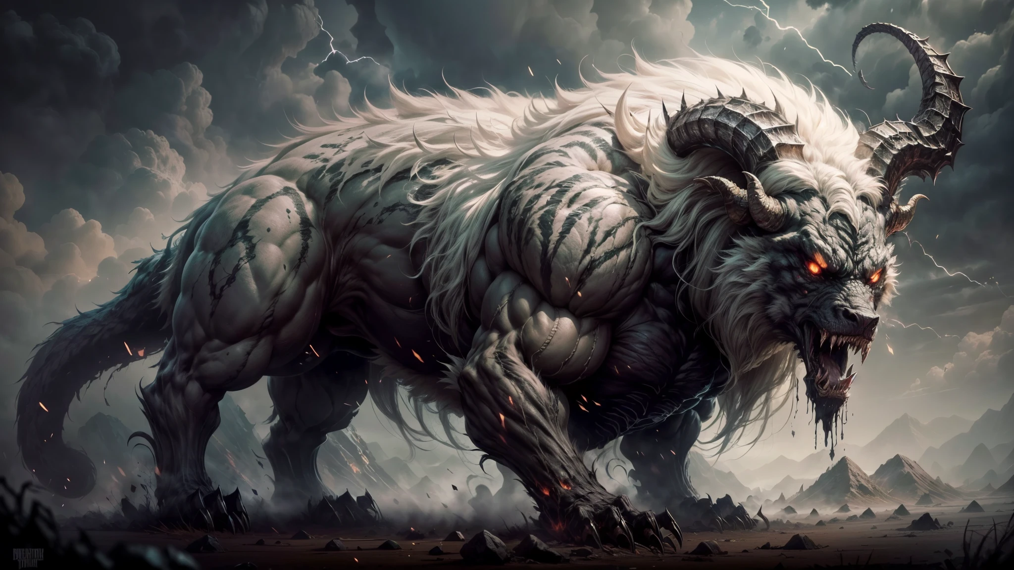 (description:creepy,scary), (best quality,highres), (fantasy:1.1), (detailed), (colossal), (beast-like), (white fur), (two tails), (two big horns), (standing on four legs), (sinister eyes), (muscular), (ominous presence), (sharp claws), (dark atmosphere), (menacing), (powerful), (creature), (unearthly), (ominous), (mythical), (legendary), (intimidating), (enormous), (majestic), (dominant), (frightening), (sinewy), (ferocious), (eerie), (fierce), (terrifying), (otherworldly), (monstrous), (formidable), (imposing), (ominous growl), (intestinal breath), (mysterious), (gargantuan).