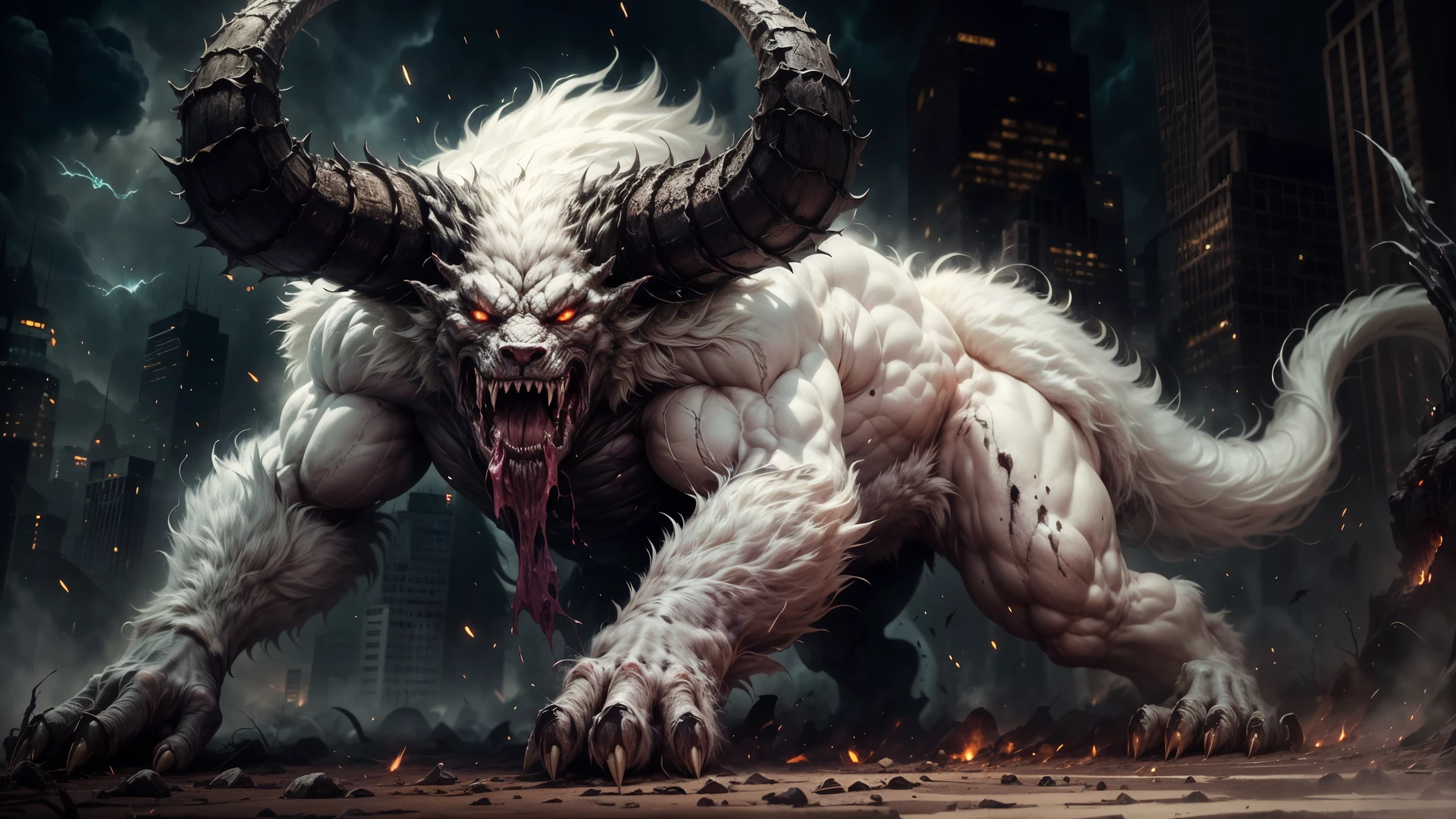(description:creepy,scary), (best quality,highres), (fantasy:1.1), (detailed), (colossal), (beast-like), (white fur), (two tails), (two big horns), (standing on four legs), (sinister eyes), (muscular), (ominous presence), (sharp claws), (dark atmosphere), (menacing), (powerful), (creature), (unearthly), (ominous), (mythical), (legendary), (intimidating), (enormous), (majestic), (dominant), (frightening), (sinewy), (ferocious), (eerie), (fierce), (terrifying), (otherworldly), (monstrous), (formidable), (imposing), (ominous growl), (intestinal breath), (mysterious), (gargantuan).