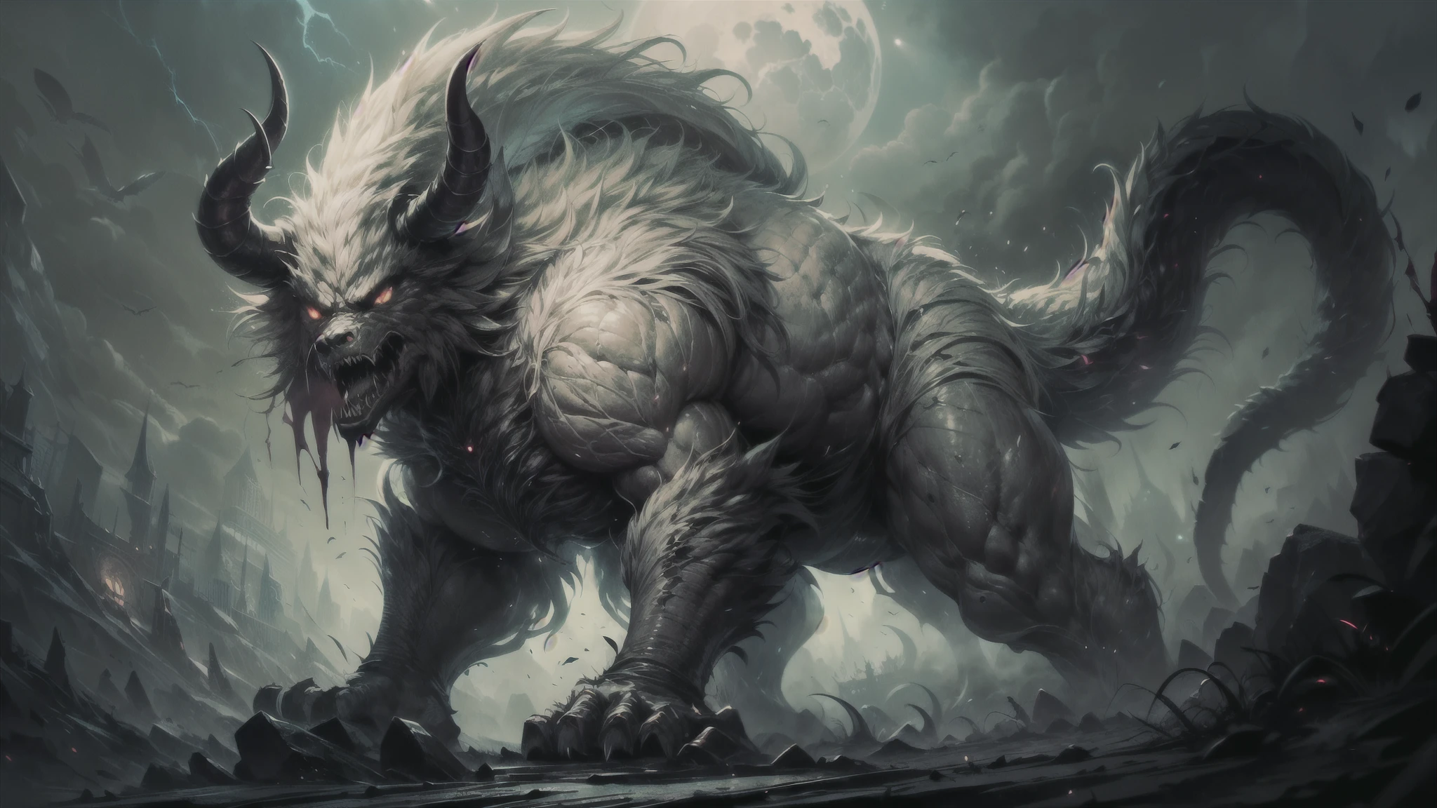 (description:creepy,scary), (best quality,highres), (fantasy:1.1), (detailed), (colossal), (beast-like), (white fur), (two tails), (two big horns), (standing on four legs), (sinister eyes), (muscular), (ominous presence), (sharp claws), (dark atmosphere), (menacing), (powerful), (creature), (unearthly), (ominous), (mythical), (legendary), (intimidating), (enormous), (majestic), (dominant), (frightening), (sinewy), (ferocious), (eerie), (fierce), (terrifying), (otherworldly), (monstrous), (formidable), (imposing), (ominous growl), (intestinal breath), (mysterious), (gargantuan).