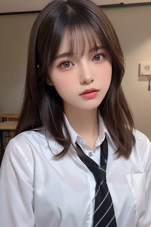 (best quality,8k,photorealistic,raw photos:1.4), Japanese, (1 girl), beautiful face, (realistic face), (black hair), beautiful hairstyle, realistic eyes, exquisitely detailed eyes, (realistic skin), beautiful skin, attractive, super high resolution, hyperrealistic, extremely detailed, golden ratio, school uniform, brown hair