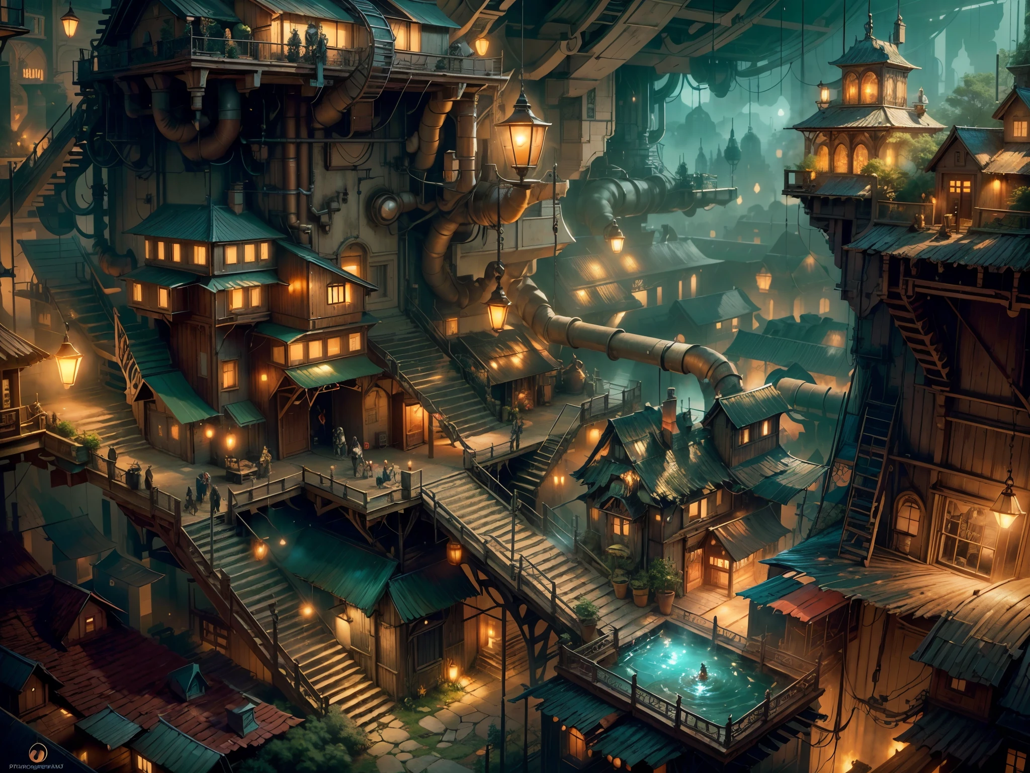 View from a house top,underground city,dwarf city,amethyst on the ceiling,gold mine,underground mining city,semi-steampunk and fantasy mix,water line traversing the city,(best quality,4k,8k,highres,masterpiece:1.2),ultra-detailed,(realistic,photorealistic,photo-realistic:1.37),portraits,landscape,horror,anime,sci-fi,photography,concept artists,vivid colors,studio lighting