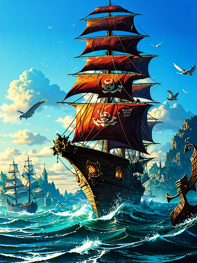 (((masterpiece、Highest image quality、highest quality、highly detailed unity 8kwallpaper)))、(fantasy、port、pirate ship)、portに停泊するpirate ship、Wooden sailing ship