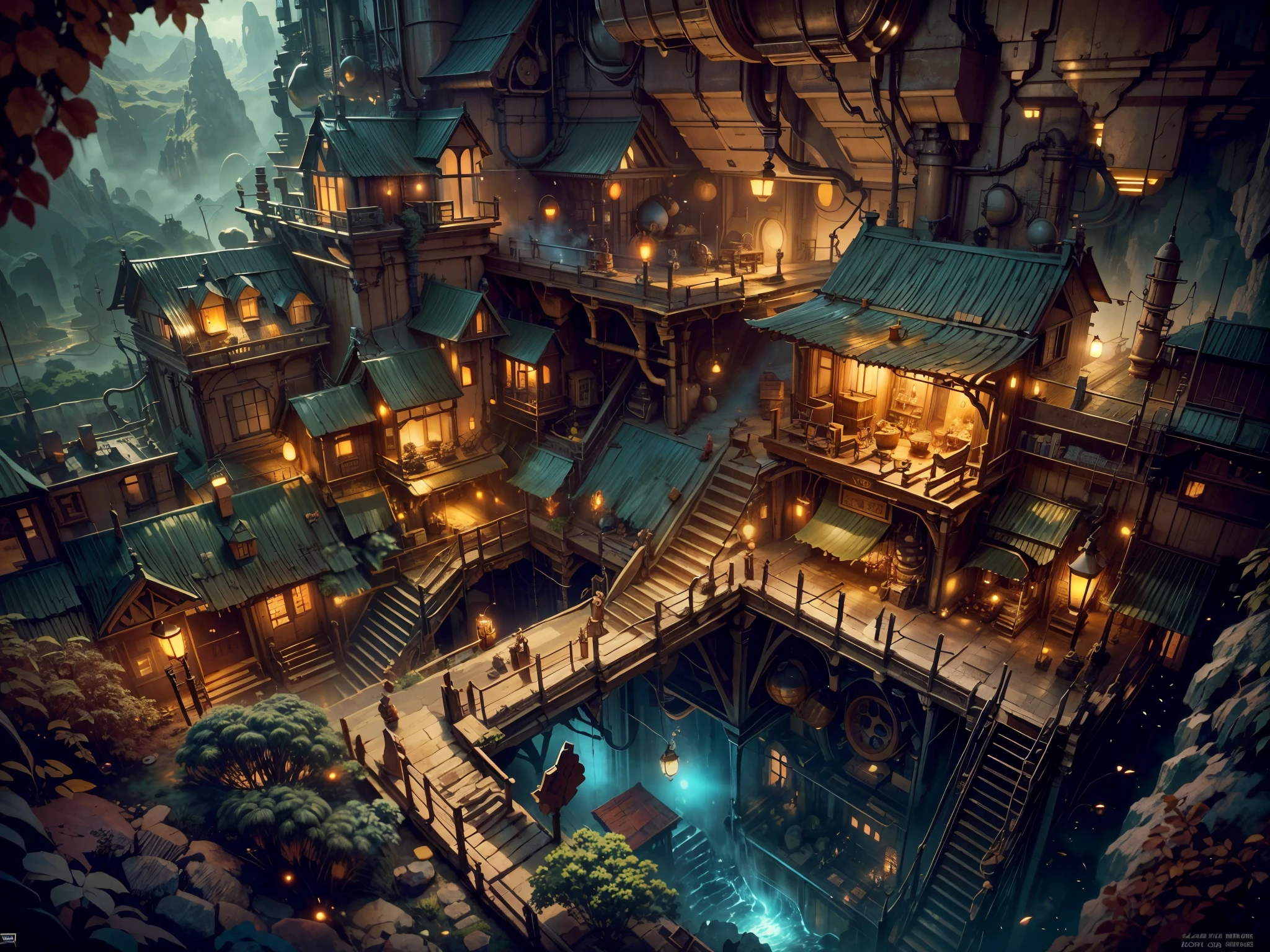 View from a house top,underground city,dwarf city,amethyst on the ceiling,gold mine,underground mining city,semi-steampunk and fantasy mix,water line traversing the city,(best quality,4k,8k,highres,masterpiece:1.2),ultra-detailed,(realistic,photorealistic,photo-realistic:1.37),portraits,landscape,horror,anime,sci-fi,photography,concept artists,vivid colors,studio lighting