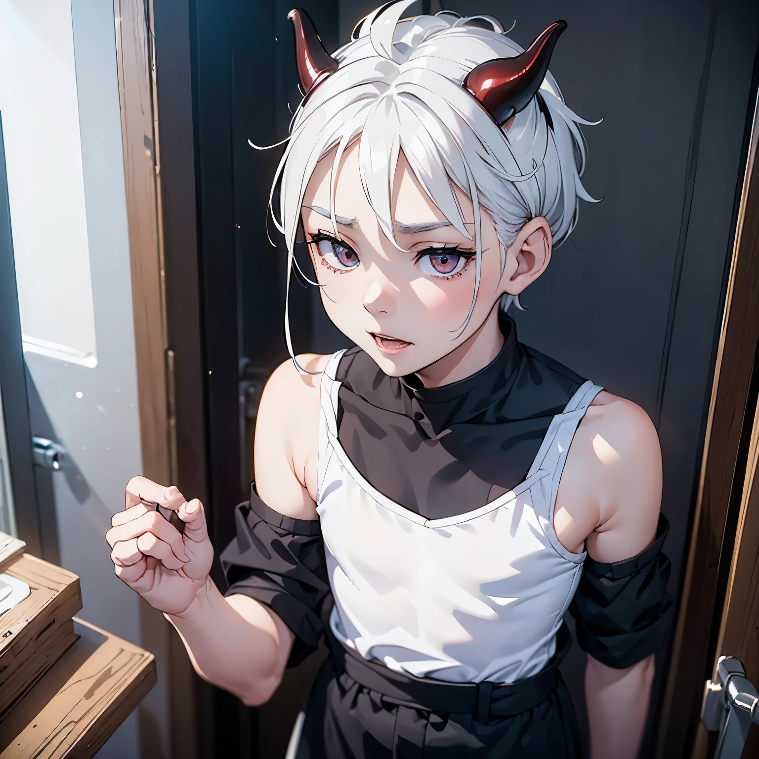 A guy with white hair and devil horn with white skin
