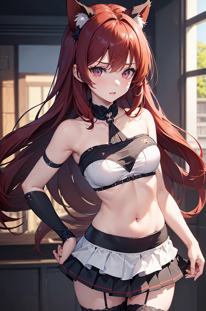 (masterpiece, best quality), best resoultion, (ultra-detailed), (3heads:1.5), 1girl, (kaenbyou rin:1.3), masterpiece, best quality, black top, crop top, ((stomach)), midriff, ((groin)), black skirt, normal ears, shackles, red hair, very long hair, wavy hair, sidelocks, dark red eyes, parted lips, single horn, sweat, cute, toned belly, hand on own chest, eyelashes, (25 year old woman:1.3), (masterpiece:1.5), (best quality:1.5), (beautiful detailed eyes), extremely detailed CG, extremely delicate and beautiful, depth of field, (finely detailed face), (perfect details:1.2), (mature female:1.3), wide pelvis, slender, large veiny breast, 8k resolution, high quality, high definition, extremely detailed, masterpiece, best quality, red hair, long hair, alluring presence, twin braid, short skirt, close up, big tits, young, cat girl, black cat ears,