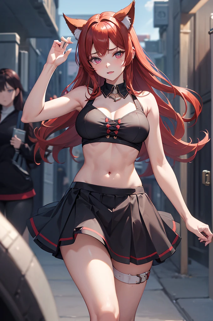 (masterpiece, best quality), best resoultion, (ultra-detailed), (3heads:1.5), 1girl, (kaenbyou rin:1.3), masterpiece, best quality, black top, crop top, ((stomach)), midriff, ((groin)), black skirt, normal ears, shackles, red hair, very long hair, wavy hair, sidelocks, dark red eyes, parted lips, single horn, sweat, cute, toned belly, hand on own chest, eyelashes, (25 year old woman:1.3), (masterpiece:1.5), (best quality:1.5), (beautiful detailed eyes), extremely detailed CG, extremely delicate and beautiful, depth of field, (finely detailed face), (perfect details:1.2), (mature female:1.3), wide pelvis, slender, large veiny breast, 8k resolution, high quality, high definition, extremely detailed, masterpiece, best quality, red hair, long hair, alluring presence, twin braid, short skirt, close up, big tits, young, cat girl, black cat ears,