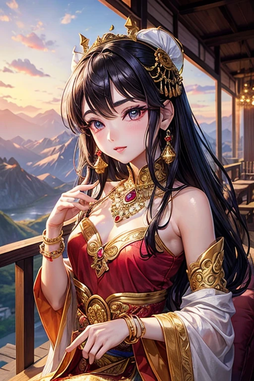 Myanmar princess、Highest image quality、masterpiece、gold decoration、Kirinaga eyes、The scenery is mountains、lots of bangles、Eyeshadow Red、cute、firm eyebrows、healthy lips、