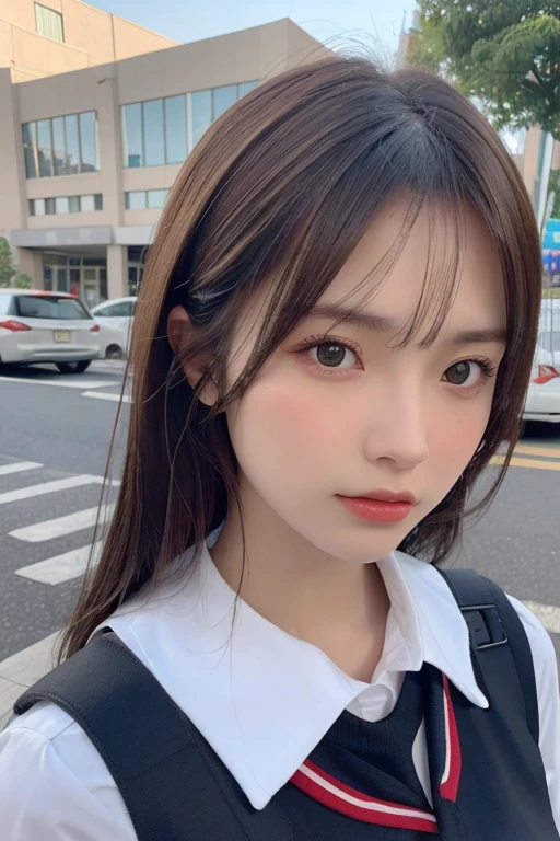 (best quality,8k,photorealistic,raw photos:1.4), Japanese, (1 girl), beautiful face, (realistic face), (black hair), beautiful hairstyle, realistic eyes, exquisitely detailed eyes, (realistic skin), beautiful skin, attractive, super high resolution, hyperrealistic, extremely detailed, golden ratio, school uniform, brown hair