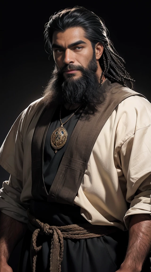 A black man of 50 years old, black skin, yellow eyes, with a strong and happy expression, strong full eyebrows, long shoulder-length black hair, beard well done. He use medieval clothes 16k, best quality of image. He is in a Background desert
