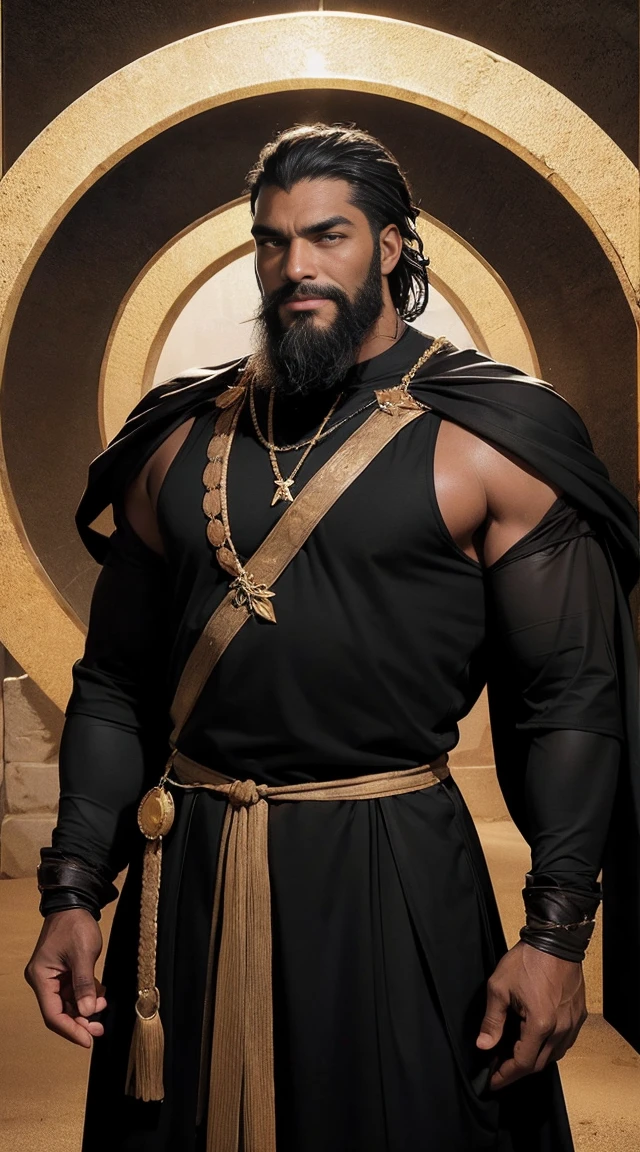 Indian Man wearing Only a Shiny Black Latex Short Underpants, Shirtless, No tops, Bare Body, Golden Batman Symbol Belt, Medium Long curly Hair falling aside face, Beards, Black Cape, Big , Bulky Physique, Hairy Body, Tan Skin Complexion, Standing, Crossed Arms, Dominating smile, Dark Semi-ruined Gotham Cyberpunk City in Background