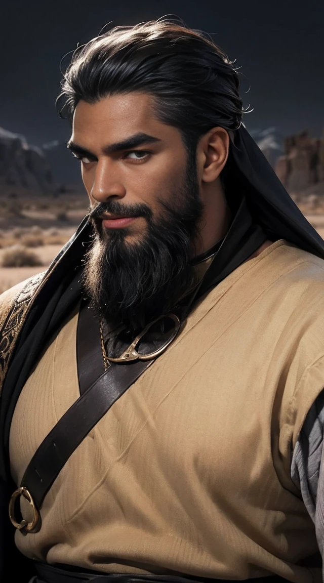 A black man of 50 years old, black skin, yellow eyes, with a strong and happy expression, strong full eyebrows, long shoulder-length black hair, beard well done. He use medieval clothes 16k, best quality of image. He is in a Background desert