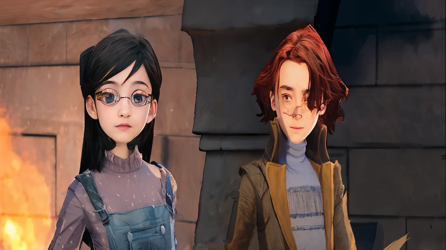 in a scene with a fire in the background, medium shot of two people, close up, close-up, two people, movie, Harry Potter movie screenshot, screenshot from the movie, protagonist in foreground, character portrait closeup, looking this way, movie still, Harry Potter movie, black hair girl, red hair boy