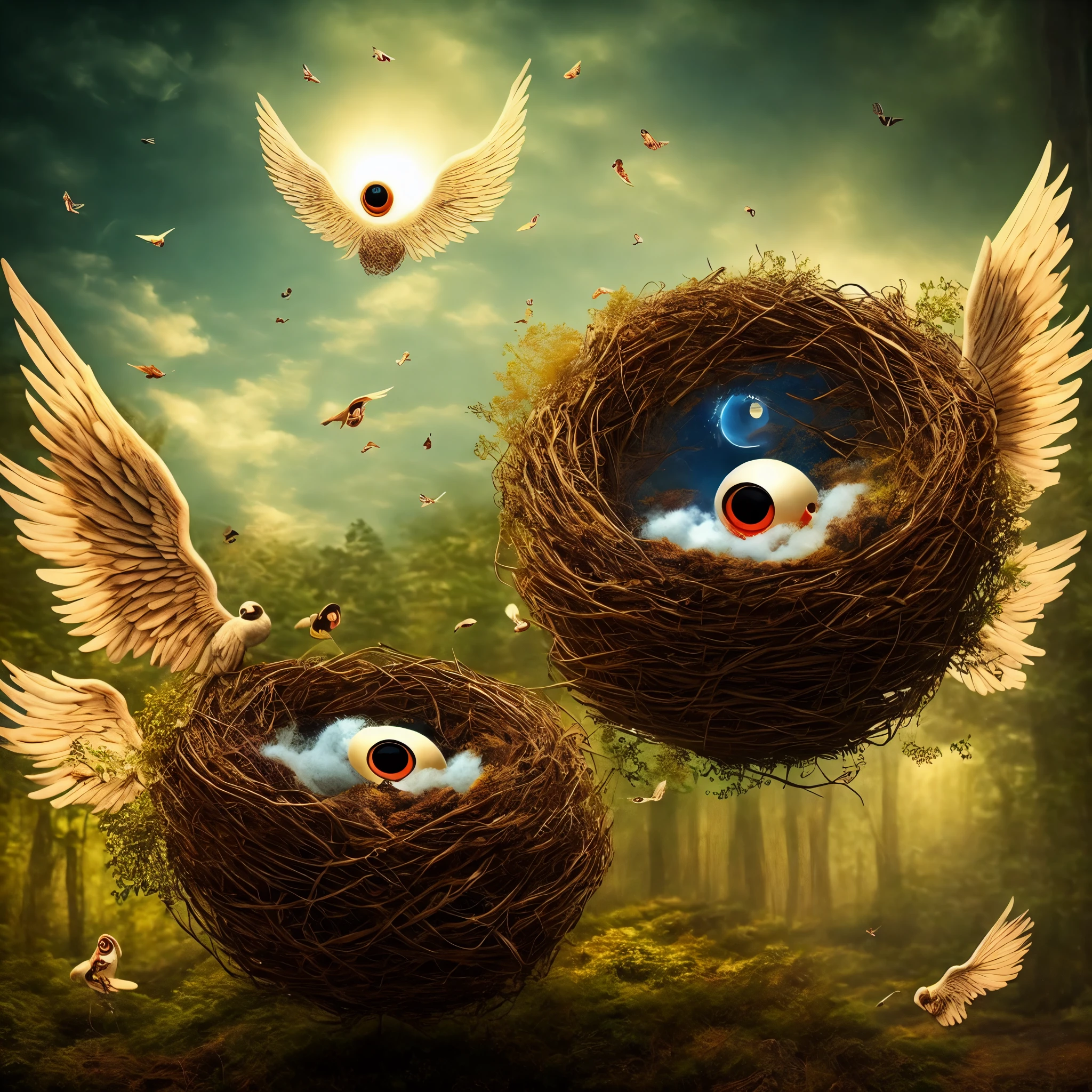 nest of angel, bibliangels, too many eyes, no humans, multiple wings, scenery, in forest, dreamlikeart