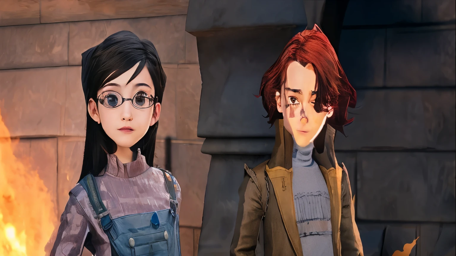 in a scene with a fire in the background, medium shot of two people, close up, close-up, two people, movie, Harry Potter movie screenshot, screenshot from the movie, protagonist in foreground, character portrait closeup, looking this way, movie still, Harry Potter movie, black hair girl, red hair boy