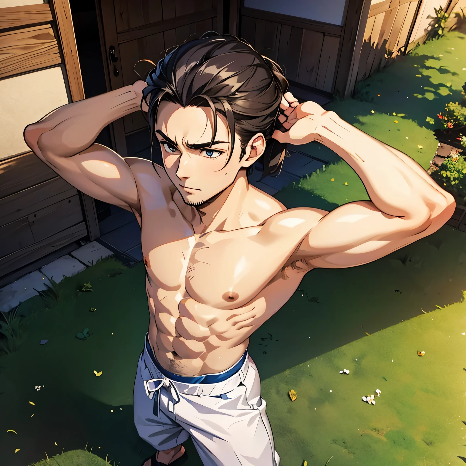 A slim, macho, and handsome Japanese officer. tying his hair back