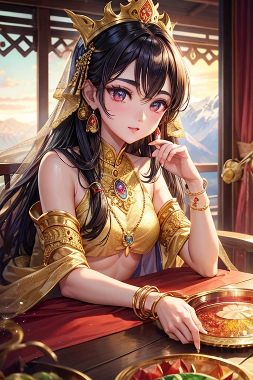 Myanmar princess、Highest image quality、masterpiece、gold decoration、Kirinaga eyes、The scenery is mountains、lots of bangles、Eyeshadow Red、cute、firm eyebrows、healthy lips、Intense eye highlights、small breasts