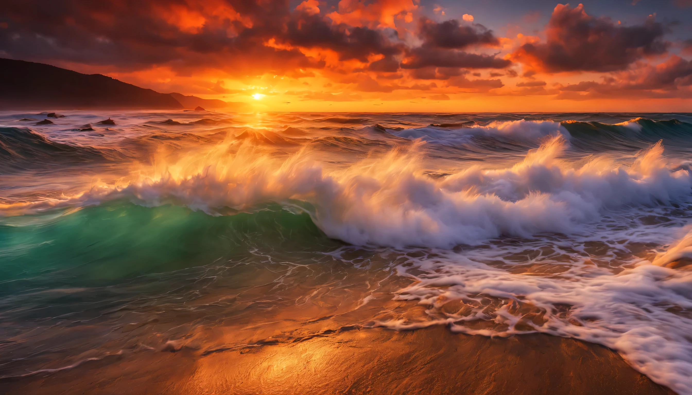arafed view of a sunset over the ocean with waves crashing, chaotic sea setting, vibrant sunrise, breathtaking colors, breathtaking look, vibrant sunset, breathtaking composition, beautiful sea landscapes, stunning sunset, magnificent background, sunset glow, beautiful background, beautiful dreamy breathtaking, marc adamus, warm beautiful scene, epic sunset, beautiful sunset, beautiful sunset glow, beautiful ocean