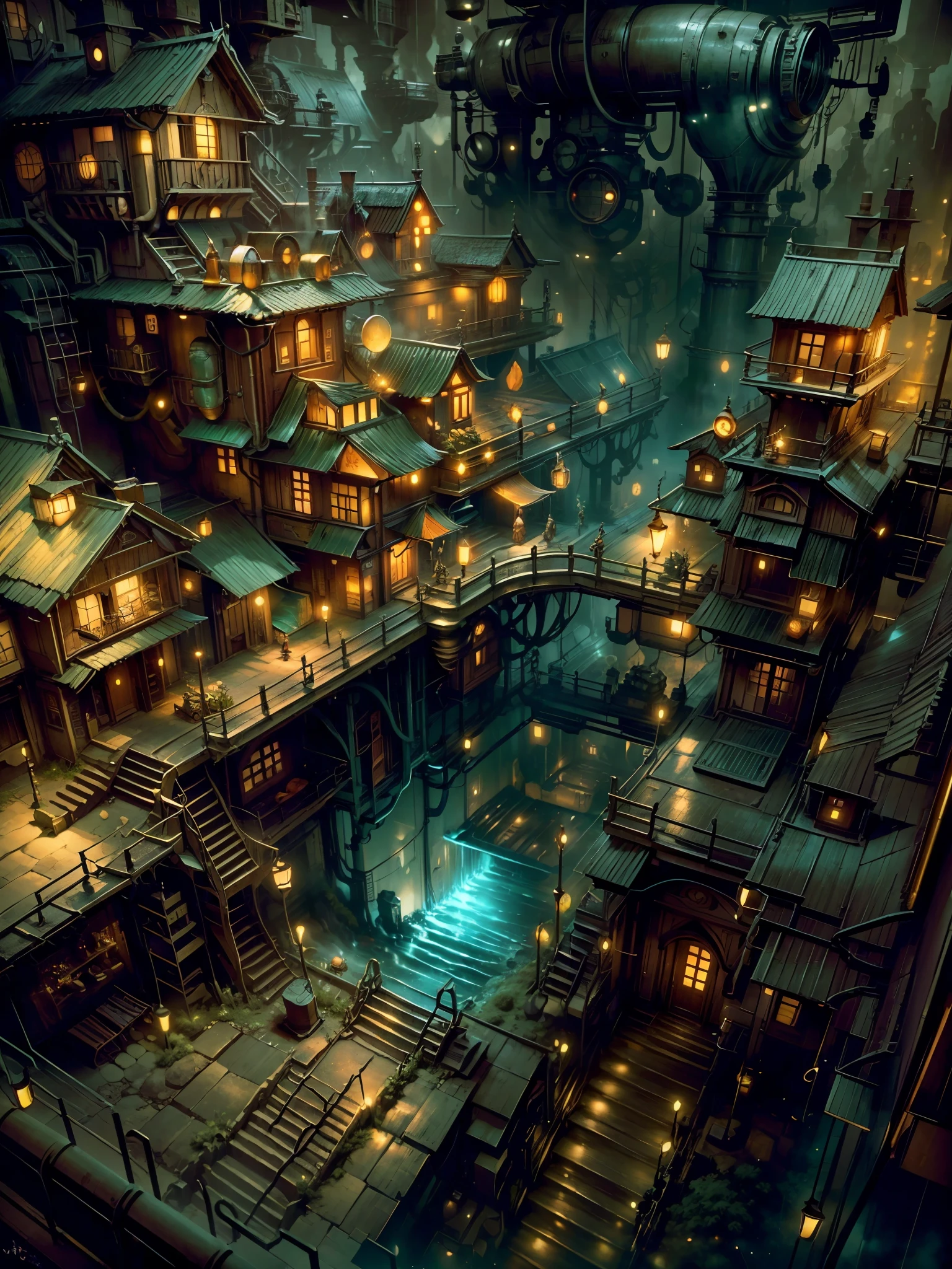 View from a house top,underground city,dwarf city,amethyst on the ceiling,gold mine,underground mining city,semi-steampunk and fantasy mix,water line traversing the city,(best quality,4k,8k,highres,masterpiece:1.2),ultra-detailed,(realistic,photorealistic,photo-realistic:1.37),portraits,landscape,horror,anime,sci-fi,photography,concept artists,vivid colors,studio lighting
