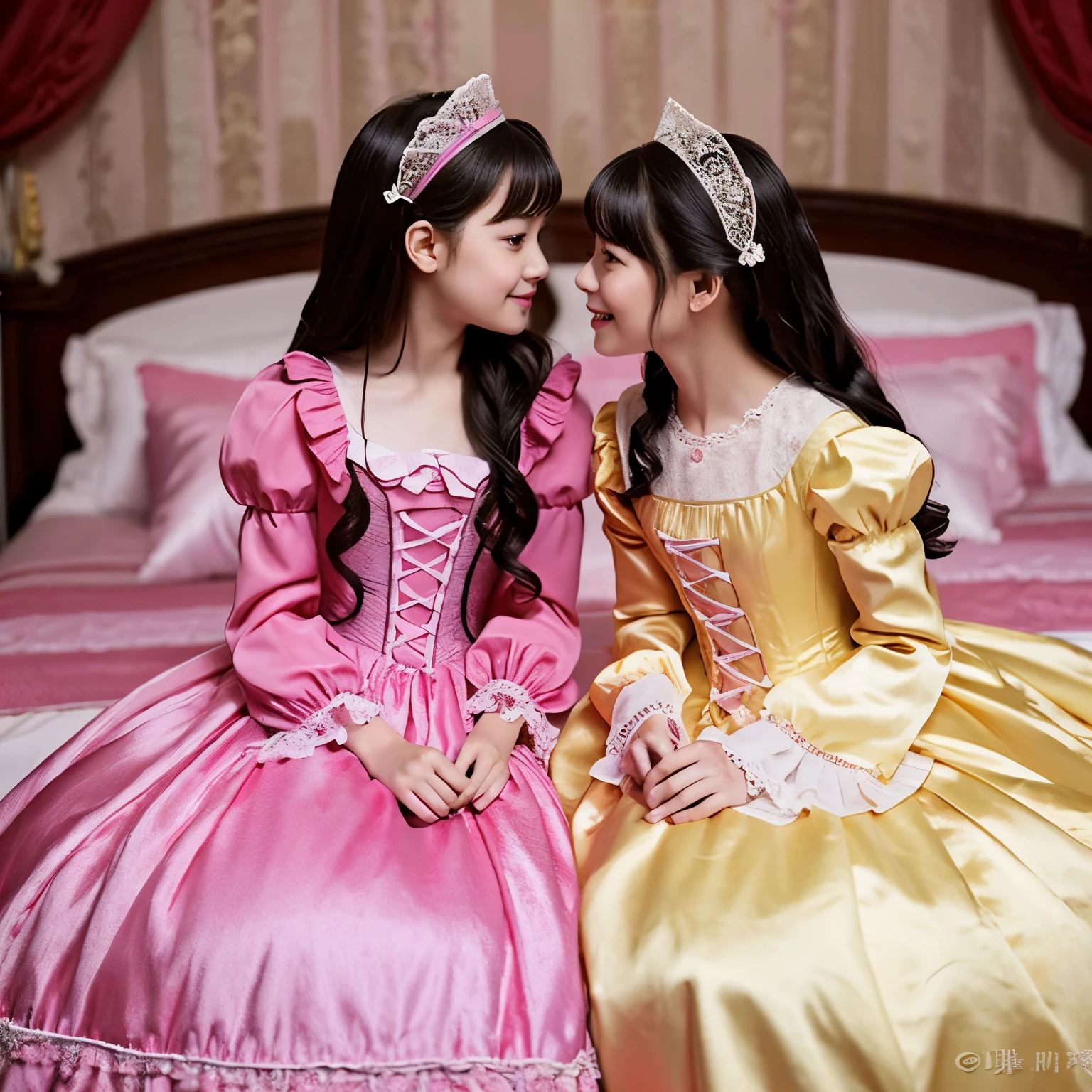 highest quality, masterpiece, highest resolution, artwork, super get used to it, many become familiar with, become familiar with, get used to it, woman, ,the two girls are princesses,pink victorian dress,long sleeve,long dress,A dress with lots of frills and ribbons.,luxury,Two kiss,贅沢な寝室,high quality princess bed,