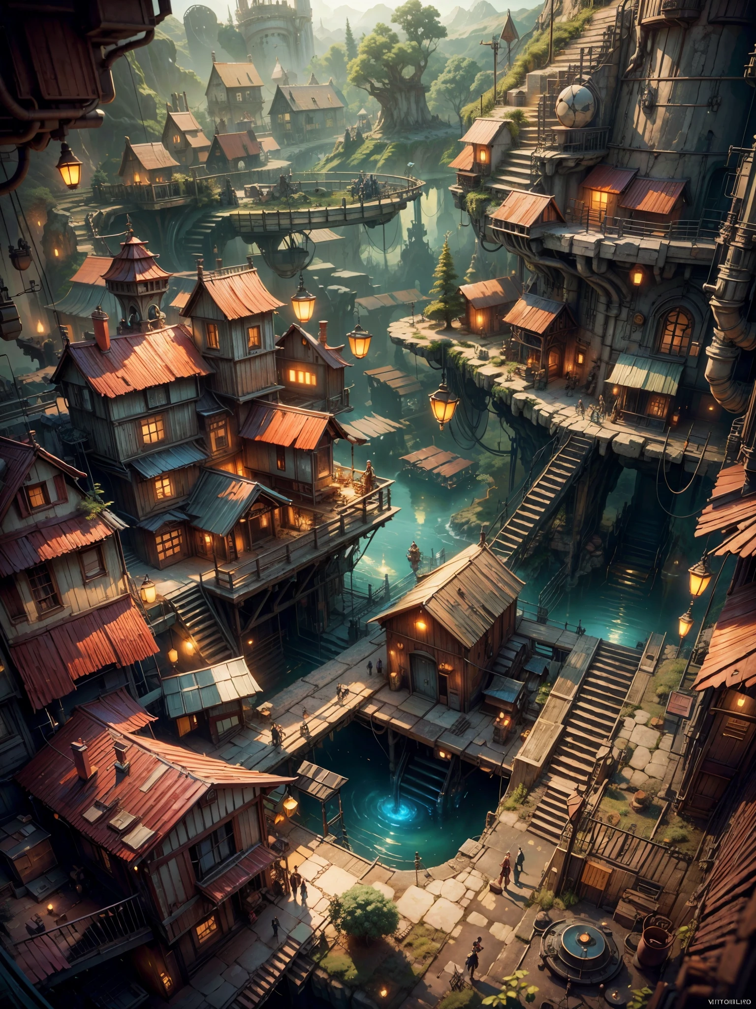 View from a house top,underground city,dwarf city,amethyst on the ceiling,gold mine,underground mining city,semi-steampunk and fantasy mix,water line traversing the city,(best quality,4k,8k,highres,masterpiece:1.2),ultra-detailed,(realistic,photorealistic,photo-realistic:1.37),portraits,landscape,horror,anime,sci-fi,photography,concept artists,vivid colors,studio lighting