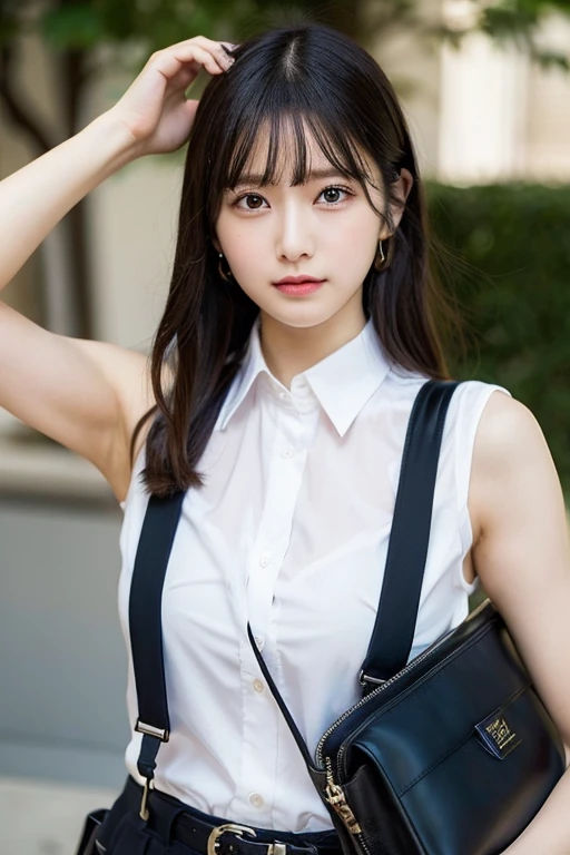 (masutepiece:1.2),High quality,vivd colour,flat-colors,Deep Depth Of Field,Lens Flare,1 girl,Black hair,eyecontact,Suit,Collared shirt,Belt bag,suspenders,Professional,Office Lady,Mature Women,Black Suit,Black jacket,Gaze,ample bosom,Armpit sweat,Exposing the armpits"