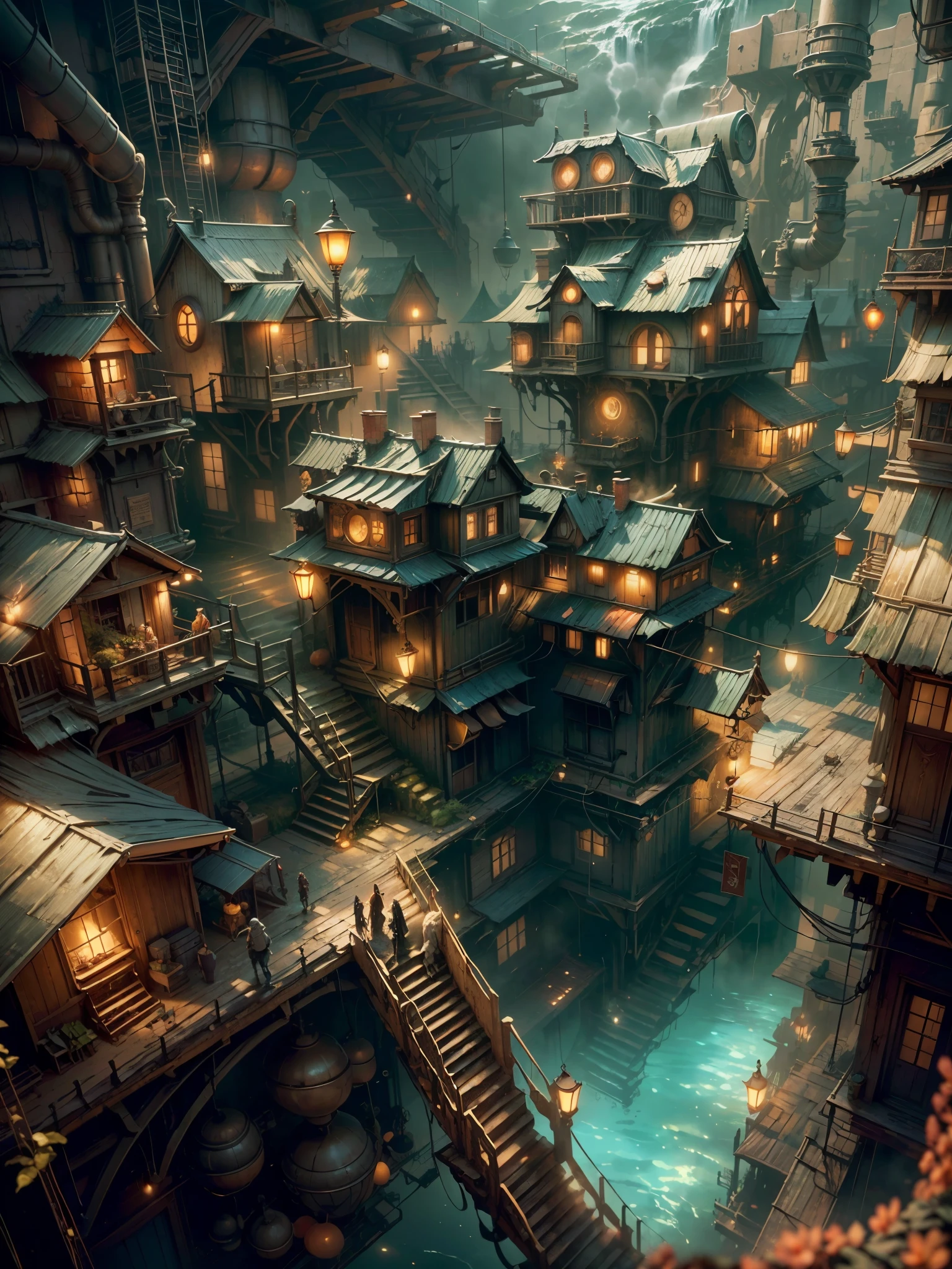View from a house top,underground city,dwarf city,amethyst on the ceiling,gold mine,underground mining city,semi-steampunk and fantasy mix,water line traversing the city,(best quality,4k,8k,highres,masterpiece:1.2),ultra-detailed,(realistic,photorealistic,photo-realistic:1.37),portraits,landscape,horror,anime,sci-fi,photography,concept artists,vivid colors,studio lighting