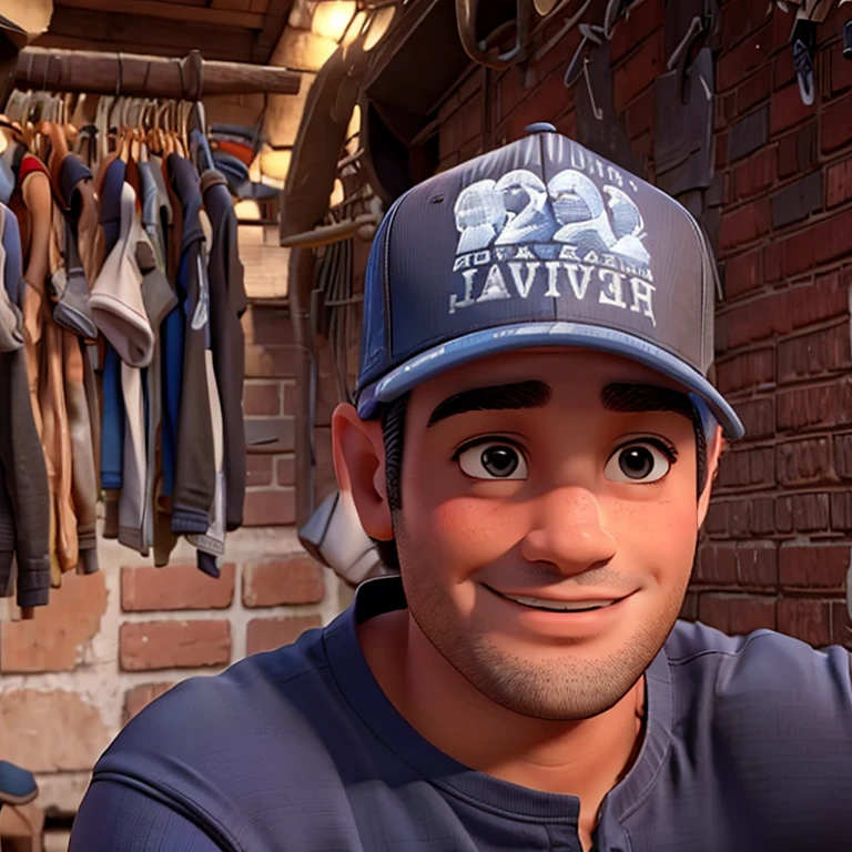 Man in a hat sitting in front of a clothes rack, david rios ferreira, foto de perfil, imagem de perfil, wearing a baseball cap, imagem de perfilture, imagem de perfil, wearing a baseball cap para trás, wearing a baseball cap backwards, wearing a baseball cap, he is wearing a hat, Frank Kozik, by Antonio Parreiras