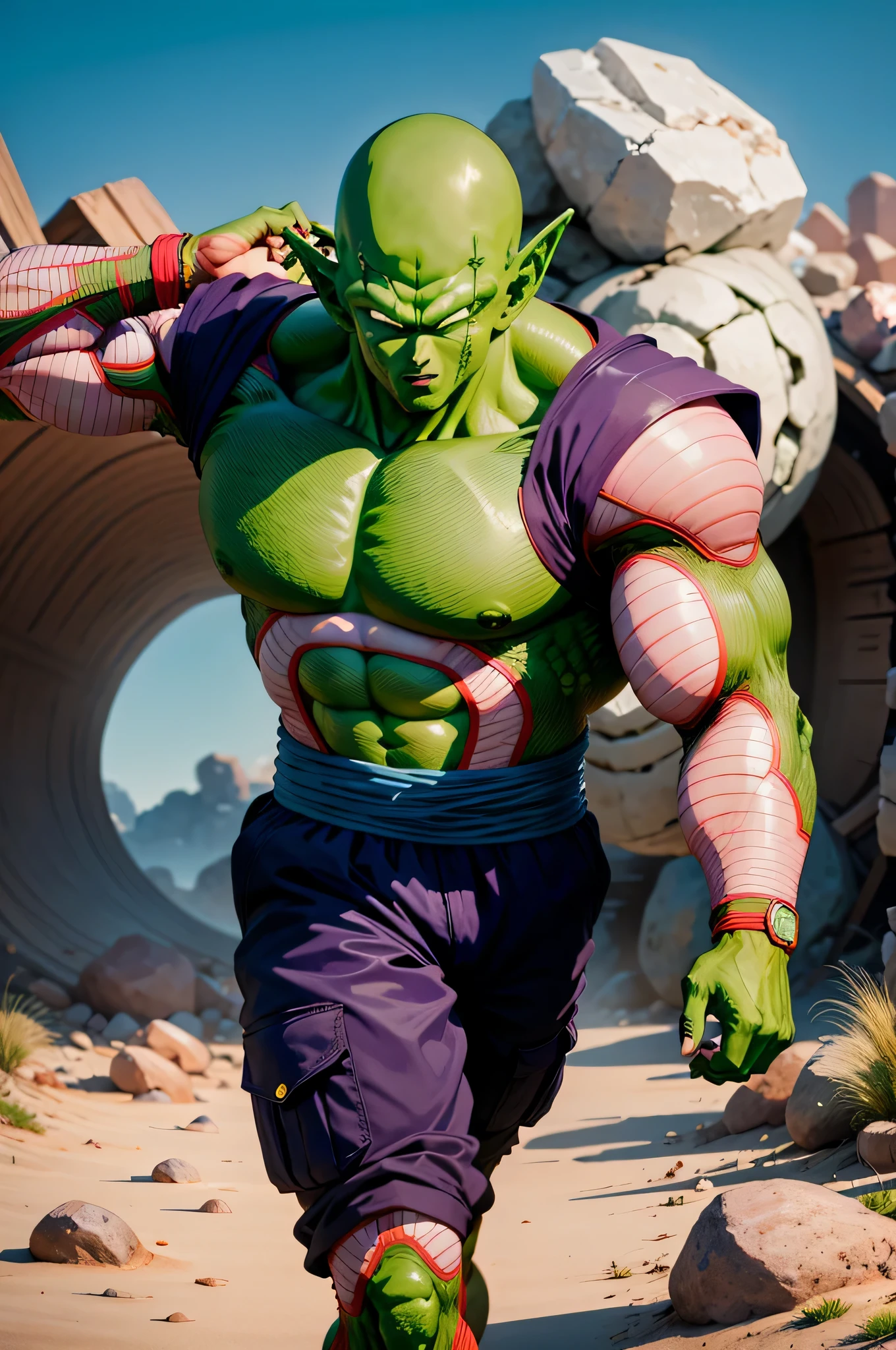 masterpiece, best quality, realistic, photorealistic, 8k,piccolo, 1boy, male focus, solo, standing, pointy ears,(tactical combat armor purple dougi), green skin, oni horns, purple cargo pants, closed mouth, looking at viewer, ((bald)),arms at sides,pink patches,black eyes, blue sash, rocks, grassfield,realistic