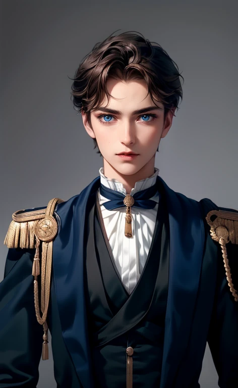 1 boy, alone, male focus, looking at the viewer, Upper body, victory_destiny, dark brown hair, blue eyes, white people, Noble, historic, noble, noble的な, Victorian, 20-year-old