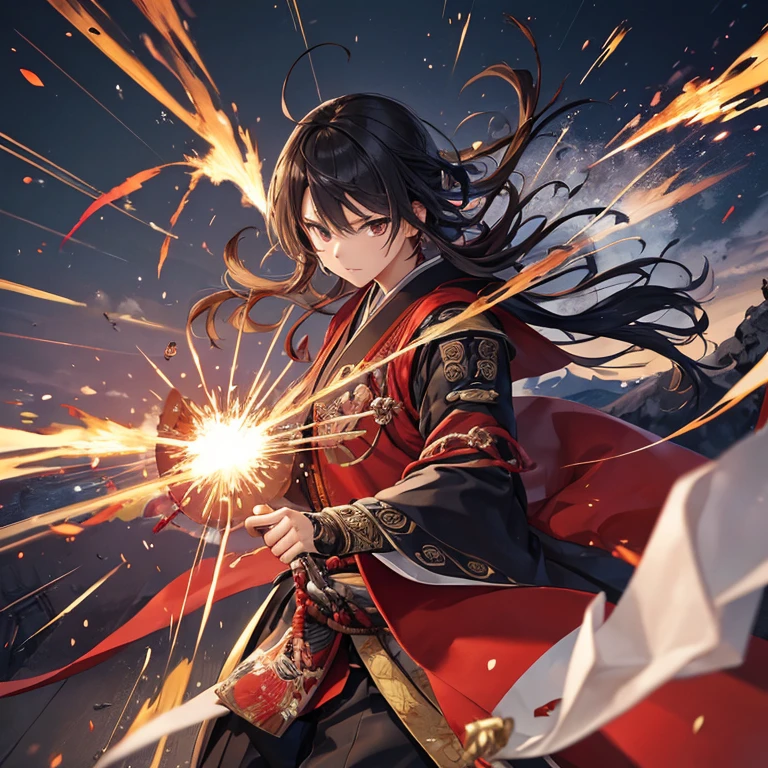 (((masterpiece、highest quality、Super detailed、)))Samurai、Japanese style、Japanese style甲冑、knife、日本knife、Glaring face、pocket:1.5、Pot metal、Battlefield、Dead and tired々、Blood droplets、injury、Black smoke、sparks、battle scene、enemy、Satsuma Hogwarts、war cry、sprinting at full speed、High-speed movement、Upper cut、