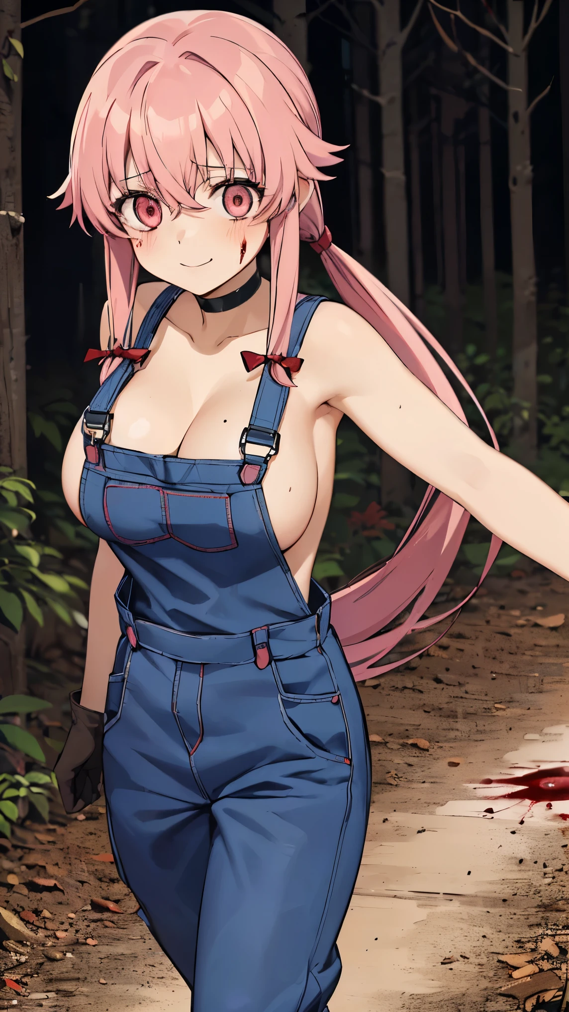 anime_still, masterpiece, best quality, 1girl, Gasai Yuno, long hair, pink hair, low twintails, smile, naked, red eyes, (large breasts:1.5),1girl, black choker, dark grey, (overalls:1.25), leather gloves, black boots, ((nigth:1.5)), (chasing you through the woods BY yuno gasai), moonlight, blood on floor, horror scane, (horror movie post:1.5) (evil eyes:1.6), (horror_movies:1.5), (woods:1.6),(dark:1.7), (out_boorlood on hands:1.5), (blood stain:1.25), (black face mask:1.25)